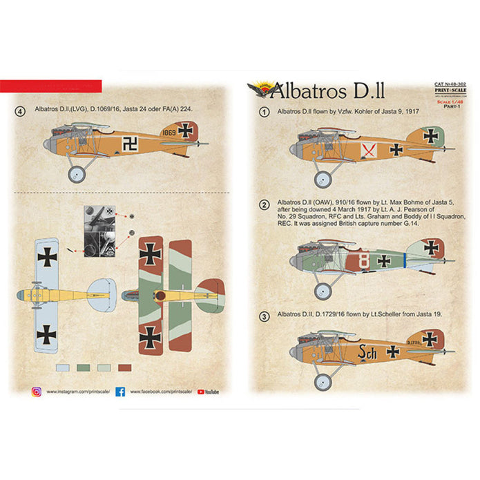 Print Scale 48-302 Decal Albatros II. Part 1 Scale 1:48 for Aircraft Plastic model kit