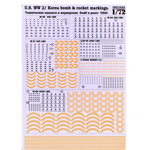 Print Scale 72-001 Decal 1:72 Technical inscriptions and marks of airbombs USAF, The second world war and Korea