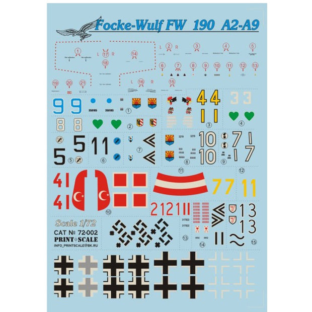 Print Scale 72-002 Decal Focke-Wulf FW 190 A2-A9 Scale 1:72 for Aircraft Plastic model kit