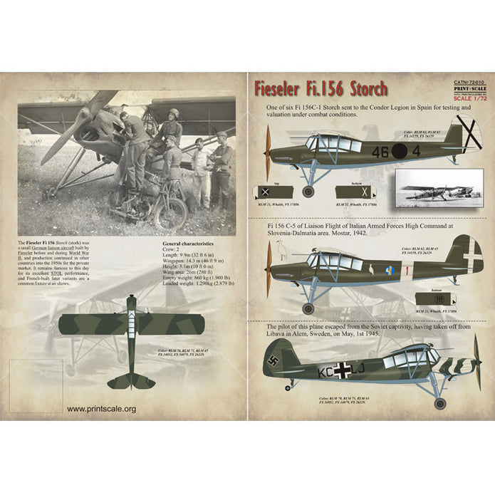Print Scale 72-010 Decal Fieseler FI.156 Storch Scale 1:72 for Aircraft Plastic model kit