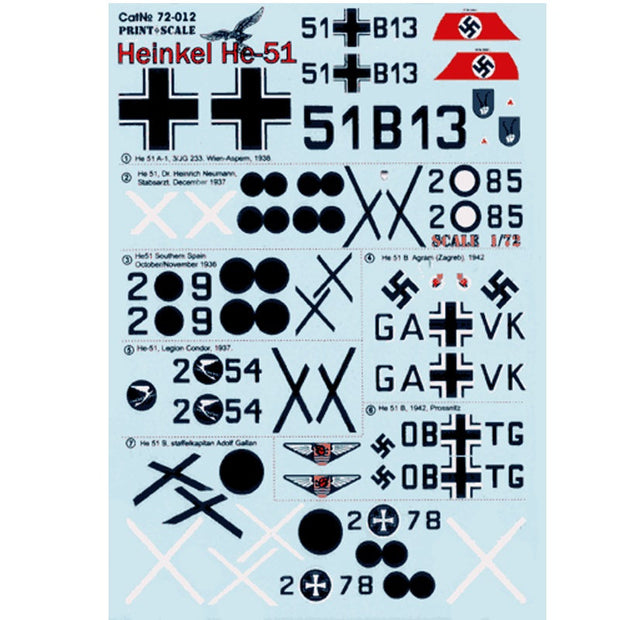 Print Scale 72-012 Decal Heinkel He-51 Scale 1:72 for Aircraft Plastic model kit