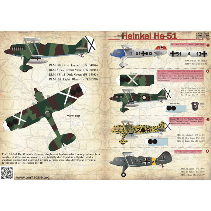 Print Scale 72-012 Decal Heinkel He-51 Scale 1:72 for Aircraft Plastic model kit