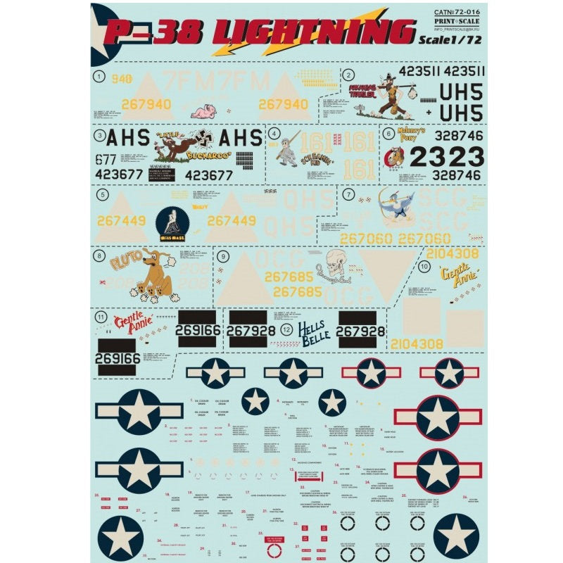 Print Scale 72-016 Decal P-38 Lightning Scale 1:72 for Aircraft Plastic model kit