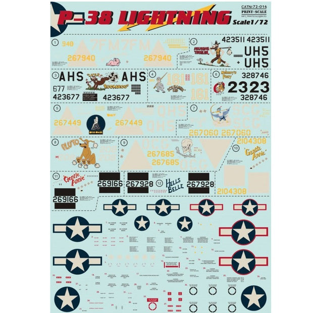Print Scale 72-016 Decal P-38 Lightning Scale 1:72 for Aircraft Plastic model kit