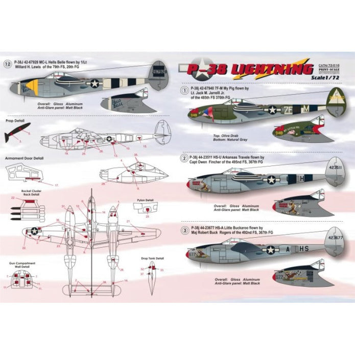 Print Scale 72-016 Decal P-38 Lightning Scale 1:72 for Aircraft Plastic model kit