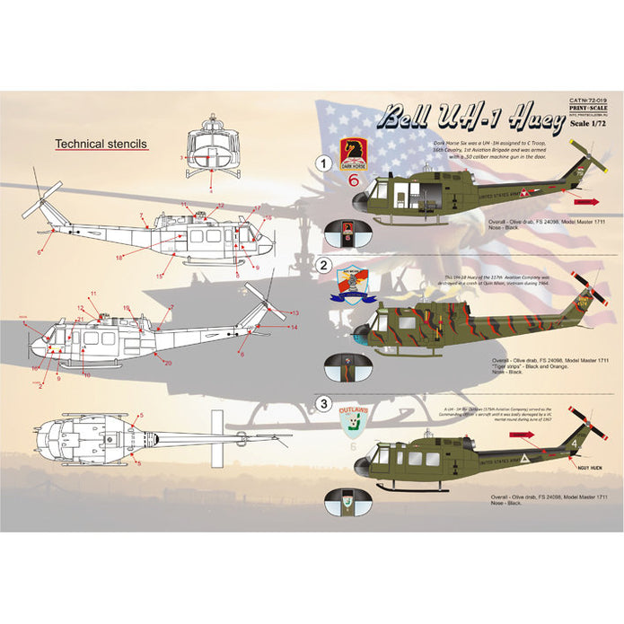 Print Scale 72-019 Decal Bell UH-1 Huey Scale 1:72 for Helicopter Plastic model kit