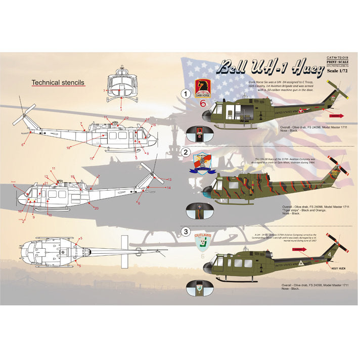 Print Scale 72-019 Decal Bell UH-1 Huey Scale 1:72 for Helicopter Plastic model kit