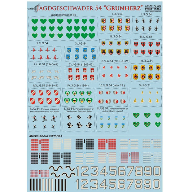 Print Scale 72-020 Decal JAGDGESCHWADER 54 GRUNHERZ Scale 1:72 for Aircraft Plastic model kit