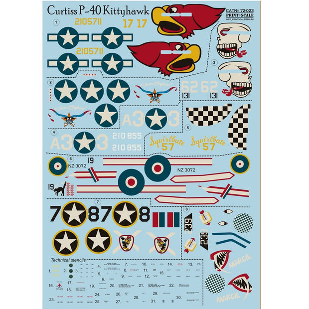 Print Scale 72-023 Decal Curtiss P-40 Kittehawk Scale 1:72 for Aircraft Plastic model kit