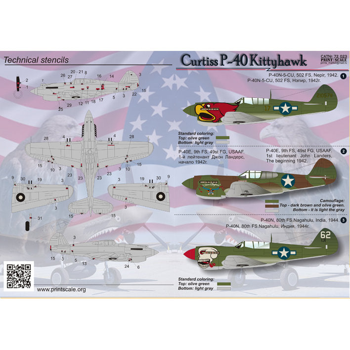 Print Scale 72-023 Decal Curtiss P-40 Kittehawk Scale 1:72 for Aircraft Plastic model kit