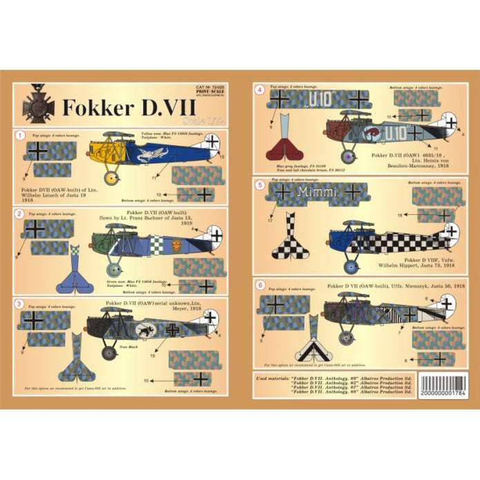 Print Scale 72-025 Decal Fokker D VII Part 2 The complete set 3 leaf Scale 1:72 for Aircraft Plastic model kit