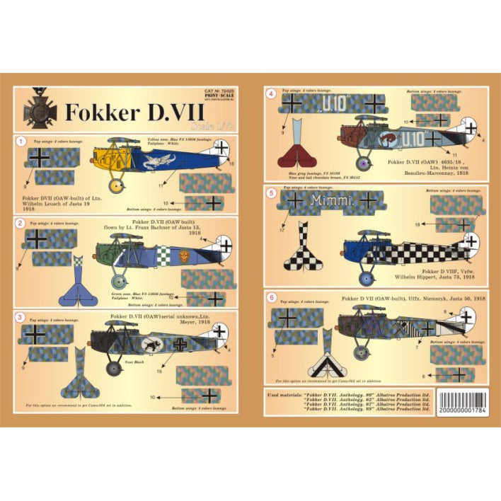 Print Scale 72-025 Decal Fokker D VII Part 2 The complete set 3 leaf Scale 1:72 for Aircraft Plastic model kit
