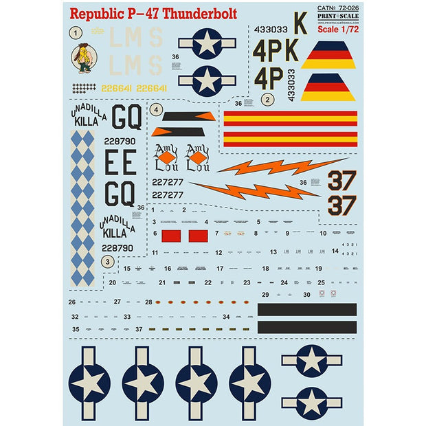 Print Scale 72-026 Decal Republic P-47 Thunderbolt Part 1 Scale 1:72 for Aircraft Plastic model kit