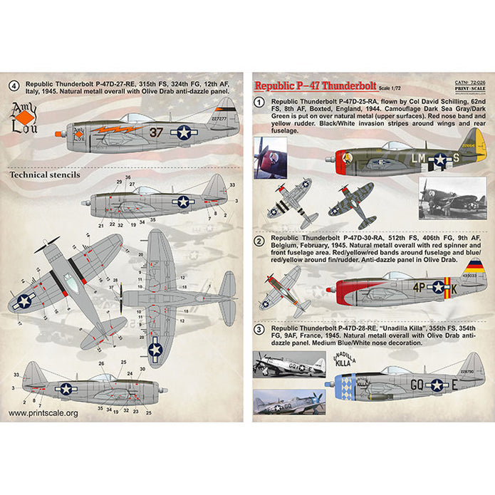 Print Scale 72-026 Decal Republic P-47 Thunderbolt Part 1 Scale 1:72 for Aircraft Plastic model kit