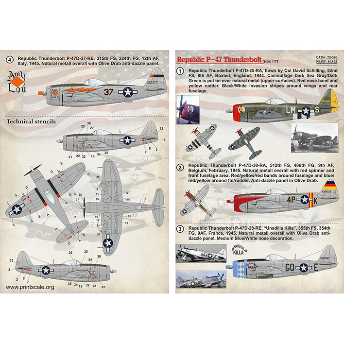 Print Scale 72-026 Decal Republic P-47 Thunderbolt Part 1 Scale 1:72 for Aircraft Plastic model kit