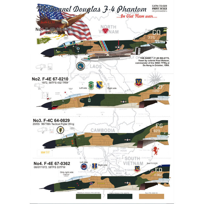 Print Scale 72-029 Decal McDonnel Douglas F-4 Phantom II in Viet Nam war Scale 1:72 for Aircraft Plastic model kit