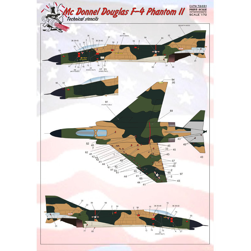Print Scale 72-031 Decal F-4 Phantom Technical stencils Scale 1:72 for Aircraft Plastic model kit