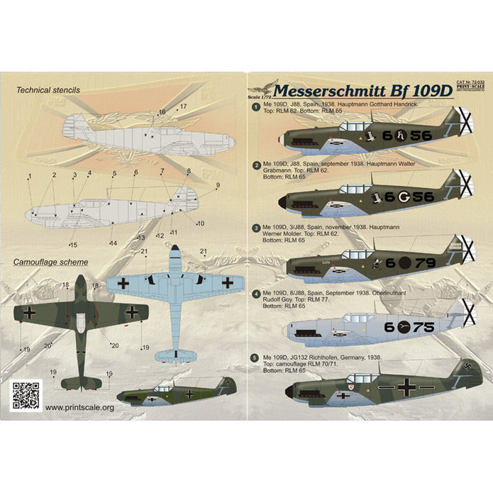Print Scale 72-032 Decal Messershmit 109 D Scale 1:72 for Aircraft Plastic model kit