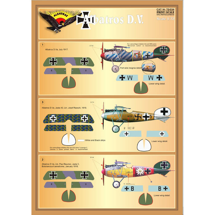 Print Scale 72-034 Decal Albatros D,V, Scale 1:72 for Aircraft Plastic model kit