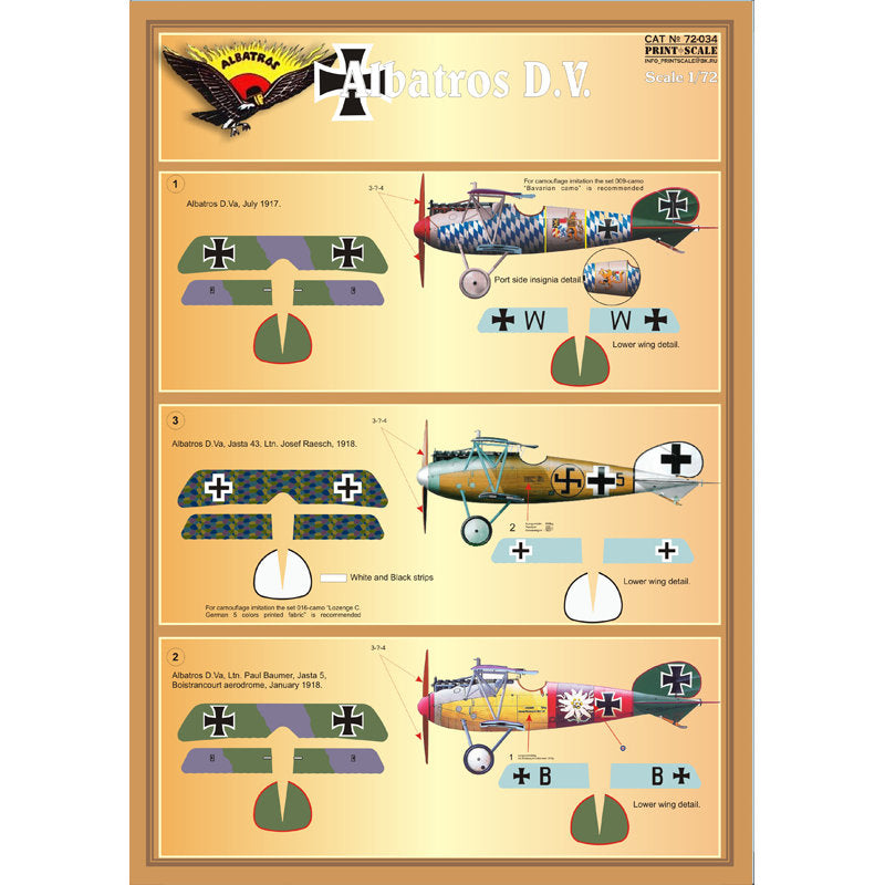 Print Scale 72-034 Decal Albatros D,V, Scale 1:72 for Aircraft Plastic model kit