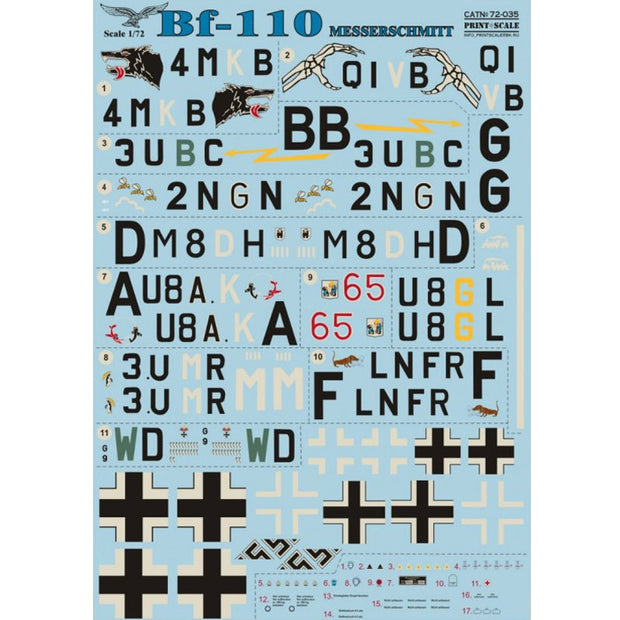 Print Scale 72-035 Decal Messershmit Me 110 Scale 1:72 for Aircraft Plastic model kit