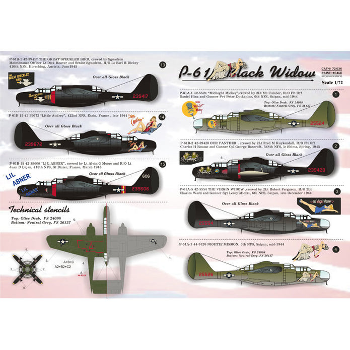 Print Scale 72-036 Decal P-61 Black Widow Scale 1:72 for Aircraft Plastic model kit