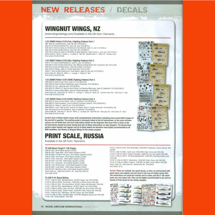 Print Scale 72-036 Decal P-61 Black Widow Scale 1:72 for Aircraft Plastic model kit