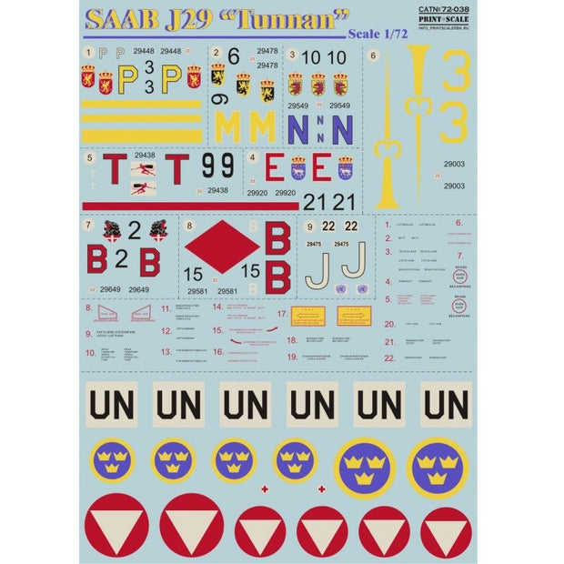 Print Scale 72-038 Decal SAAB J29 Tunnan Scale 1:72 for Aircraft Plastic model kit