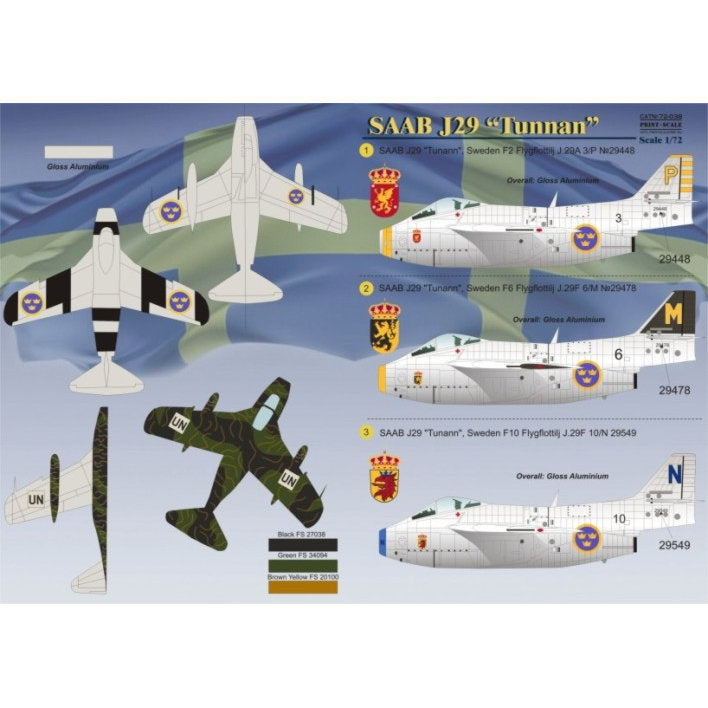 Print Scale 72-038 Decal SAAB J29 Tunnan Scale 1:72 for Aircraft Plastic model kit