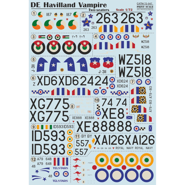 Print Scale 72-047 Decal DE Havilland Vampire. Two seaters Scale 1:72 for Aircraft Plastic model kit