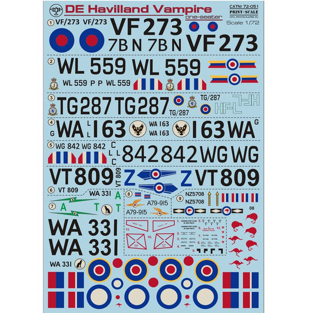 Print Scale 72-051 Decal DE Havilland Vampire One seaters Scale 1:72 for Aircraft Plastic model kit