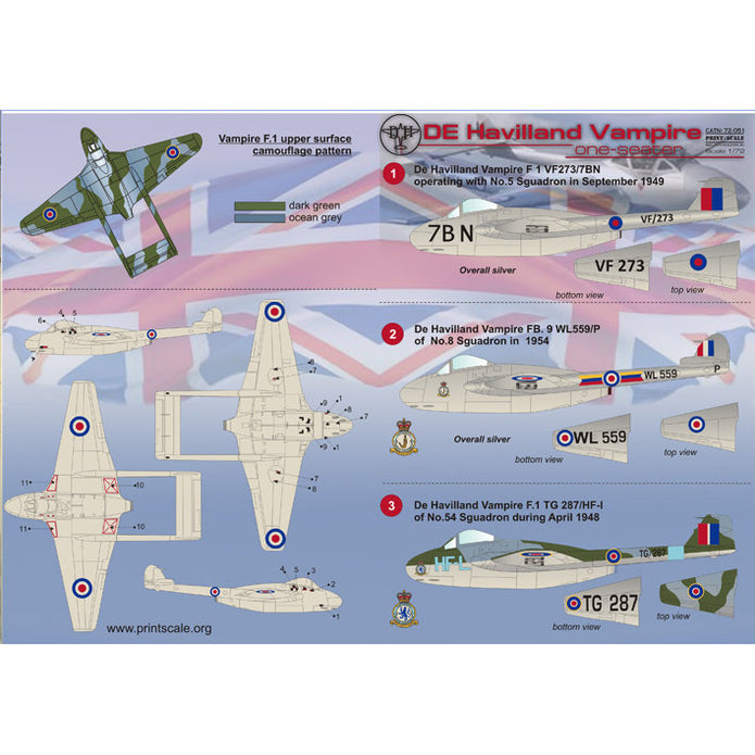 Print Scale 72-051 Decal DE Havilland Vampire One seaters Scale 1:72 for Aircraft Plastic model kit