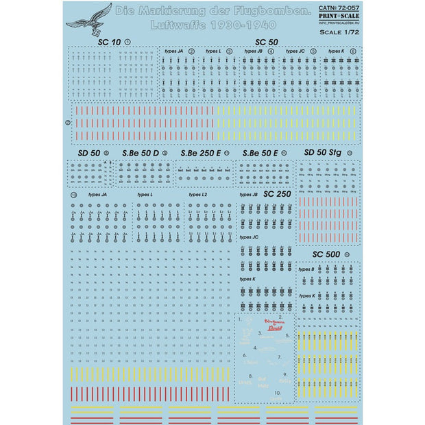 Print Scale 72-057 Decal 1:72 Die Markierung der Flugbomben, Luftwaffe 1930-1940