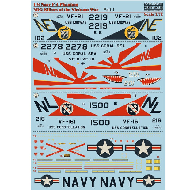 Print Scale 72-058 Decal US NAVY F-4 Phantom Mig Killers Part 1 Scale 1:72 for Aircraft Plastic model kit