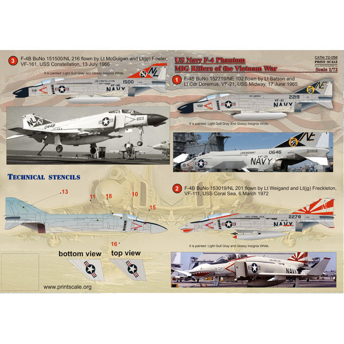 Print Scale 72-058 Decal US NAVY F-4 Phantom Mig Killers Part 1 Scale 1:72 for Aircraft Plastic model kit