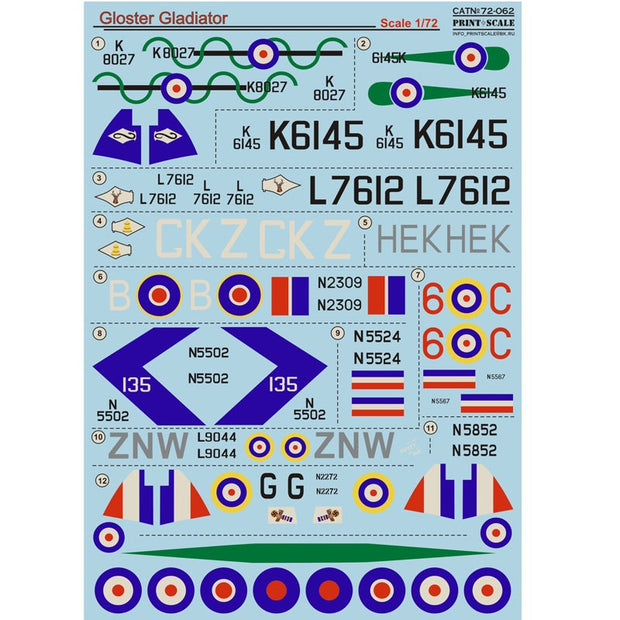 Print Scale 72-062 Decal Gloster Gladiator Part 1 Scale 1:72 for Aircraft Plastic model kit