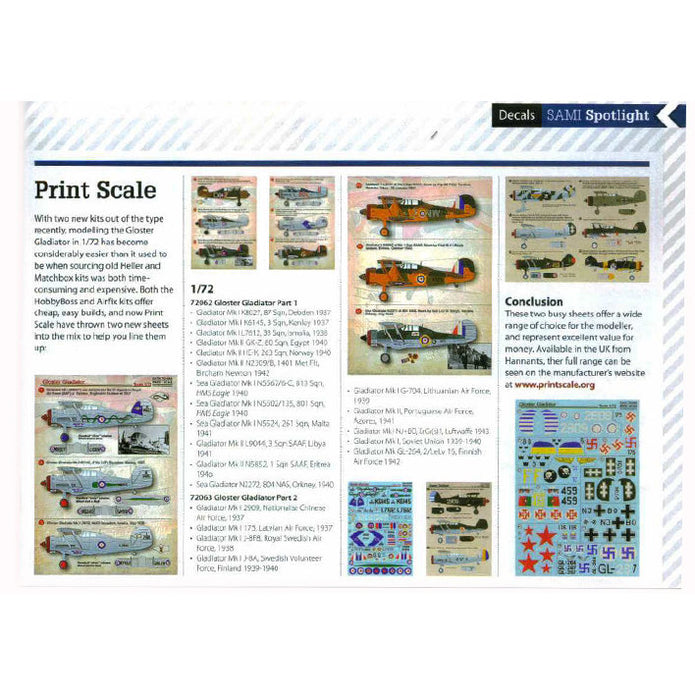 Print Scale 72-062 Decal Gloster Gladiator Part 1 Scale 1:72 for Aircraft Plastic model kit
