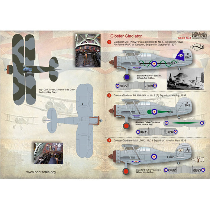Print Scale 72-062 Decal Gloster Gladiator Part 1 Scale 1:72 for Aircraft Plastic model kit