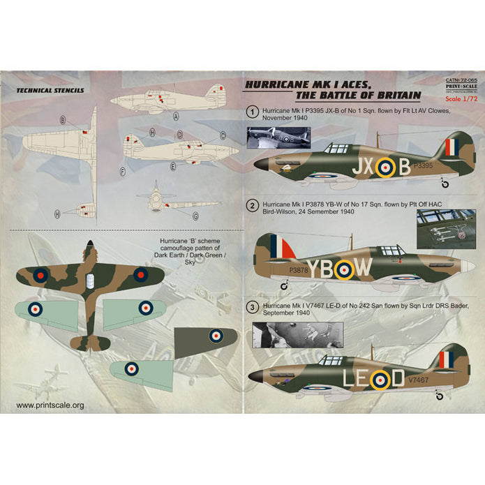 Print Scale 72-065 Decal Hawker Hurricane MK I Scale 1:72 for Aircraft Plastic model kit