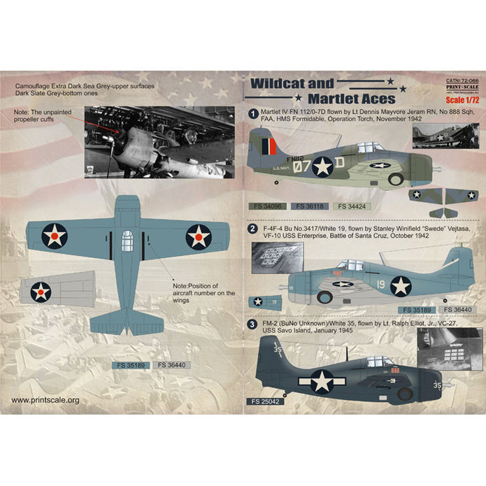 Print Scale 72-066 Decal Wildcat and Martlet Aces Scale 1:72 for Aircraft Plastic model kit