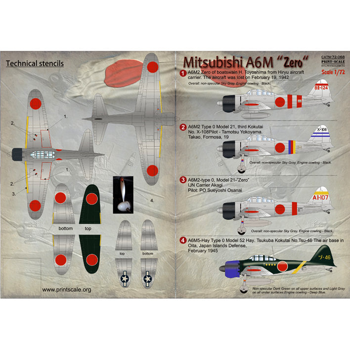 Print Scale 72-068 Decal Mitsubishi A6M Zero Scale 1:72 for Aircraft Plastic model kit