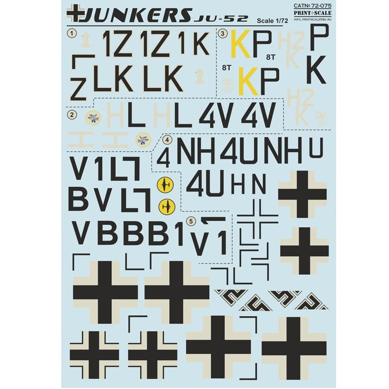 Print Scale 72-075 Decal Junkers JU-52 Scale 1:72 for Aircraft Plastic model kit