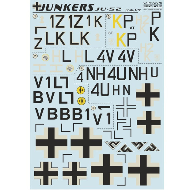 Print Scale 72-075 Decal Junkers JU-52 Scale 1:72 for Aircraft Plastic model kit
