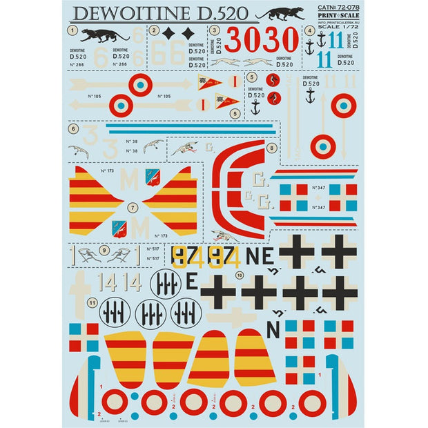 Print Scale 72-078 Decal Dewoitine D.520 Scale 1:72 for Aircraft Plastic model kit