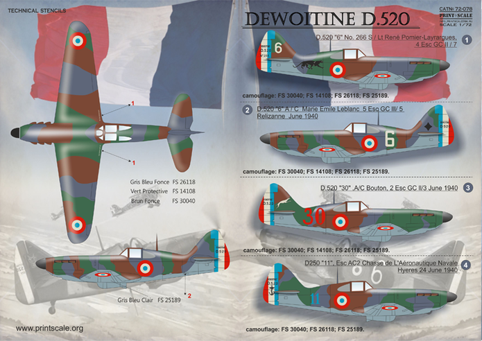 Print Scale 72-078 Decal Dewoitine D.520 Scale 1:72 for Aircraft Plastic model kit