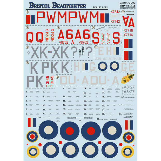 Print Scale 72-082 Decal Bristol Beaufighter Part 1 Scale 1:72 for Aircraft Plastic model kit