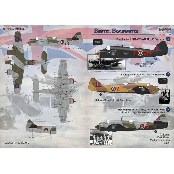 Print Scale 72-082 Decal Bristol Beaufighter Part 1 Scale 1:72 for Aircraft Plastic model kit