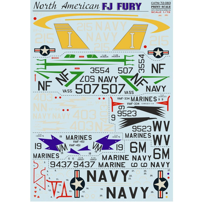 Print Scale 72-083 Decal North American FJ Fury Scale 1:72 for Aircraft Plastic model kit
