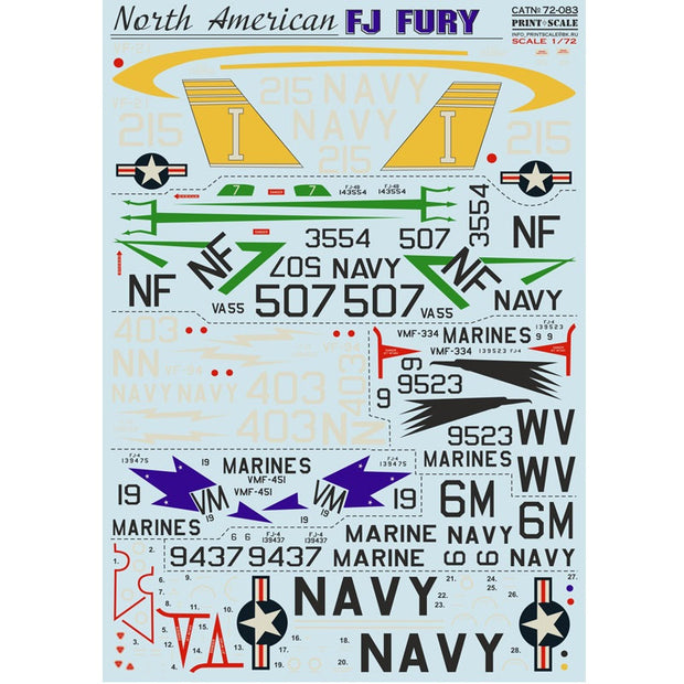 Print Scale 72-083 Decal North American FJ Fury Scale 1:72 for Aircraft Plastic model kit