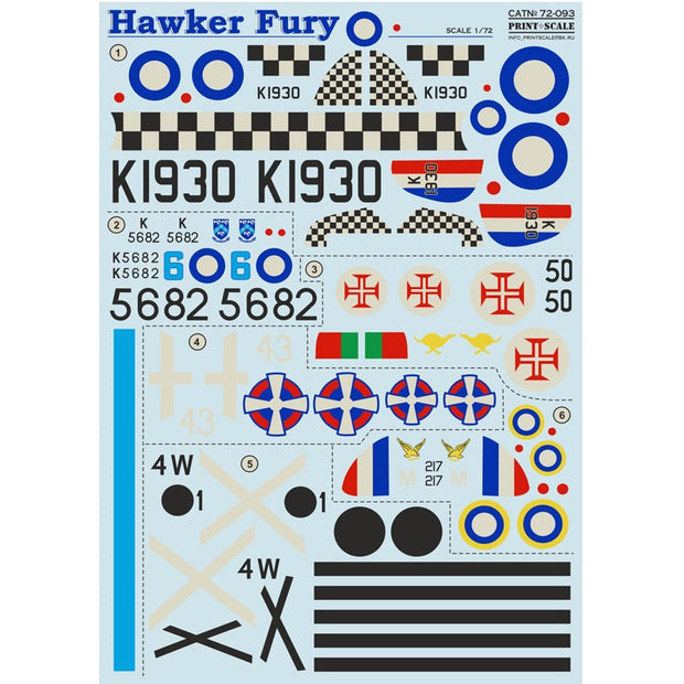 Print Scale 72-093 Decal Hawker Fury Scale 1:72 for Aircraft Plastic model kit